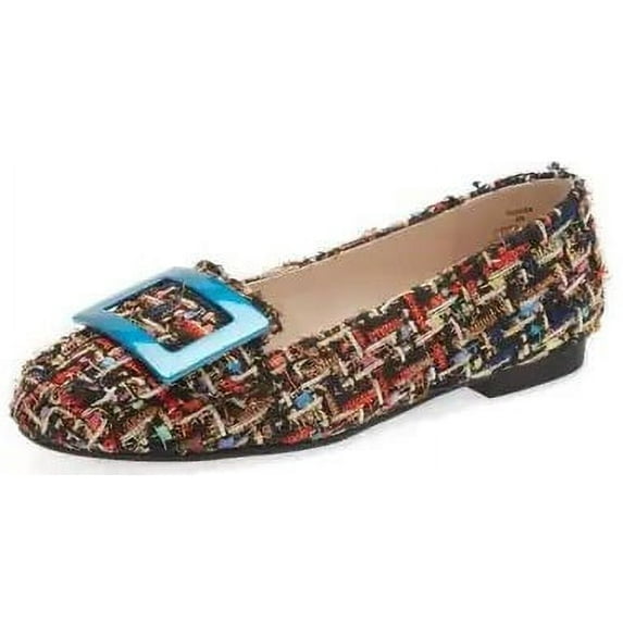 Cecelia New York Reggie Blue Multi Metal Buckle Slip On Rounded Toe Flats Shoes (Blue Multi, 6)