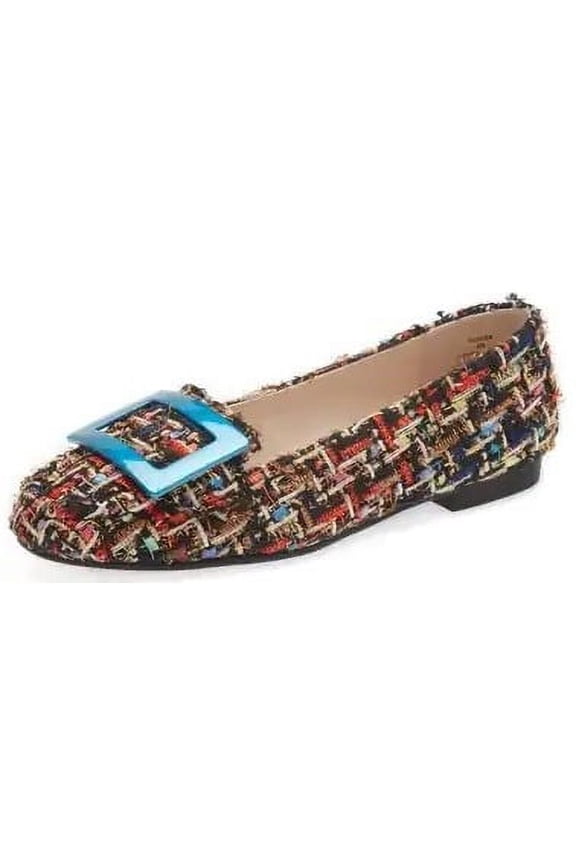Reggie Blue Multi Metal Buckle Slip On Rounded Toe Flats Shoes (Blue Multi, 6)