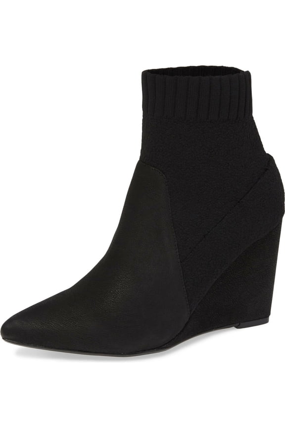 Renata Pointy Toe Sock Fitted Black Wedge Heeled Ankle Booties (Black, 7.5)