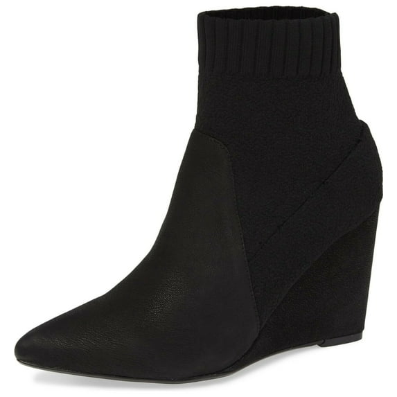 Cecelia New York Renata Pointy Toe Sock Fitted Black Wedge Heeled Ankle Booties (Black, 7)
