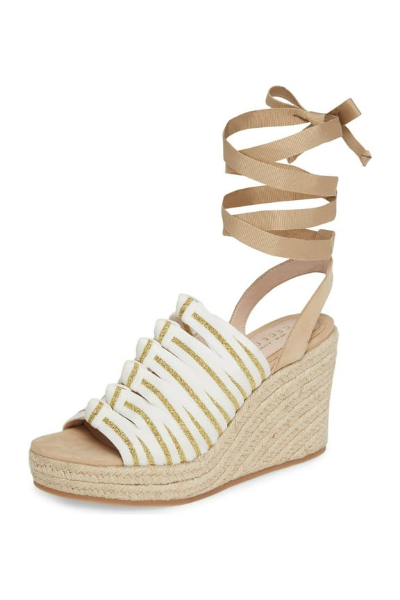 Serena Espadrille Wedge WHITE GOLD TAN Platform Tie Up Sandals (WHITE GOLD TAN, 8)