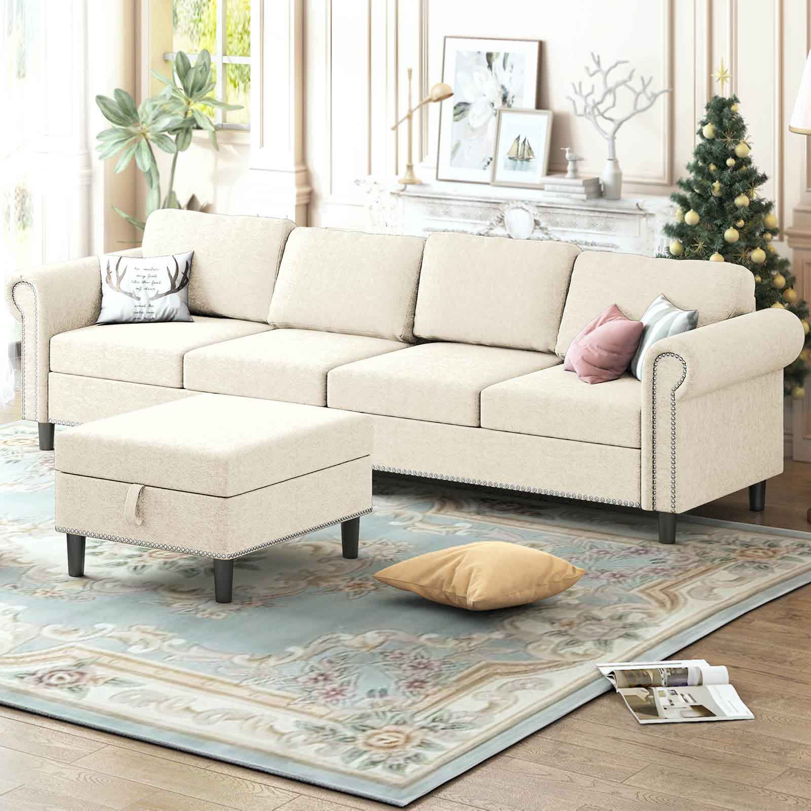 Cecer Convertible Sofa with Movable Storage Ottoman, 4 Seat Sectional
