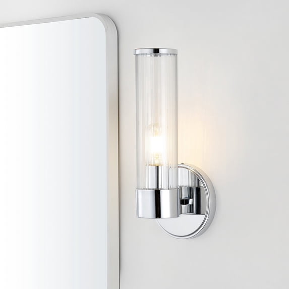JONATHAN Y Cecil 6" 1-Light Tall Cylinder Iron/Striped Glass Modern Mid-Century LED Vanity, Chrome