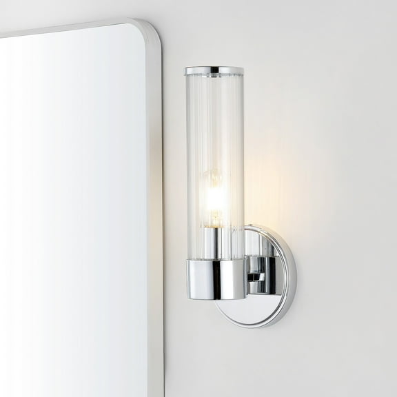 JONATHAN Y Cecil 6" 1-Light Tall Cylinder Iron/Striped Glass Modern Mid-Century LED Vanity, Chrome