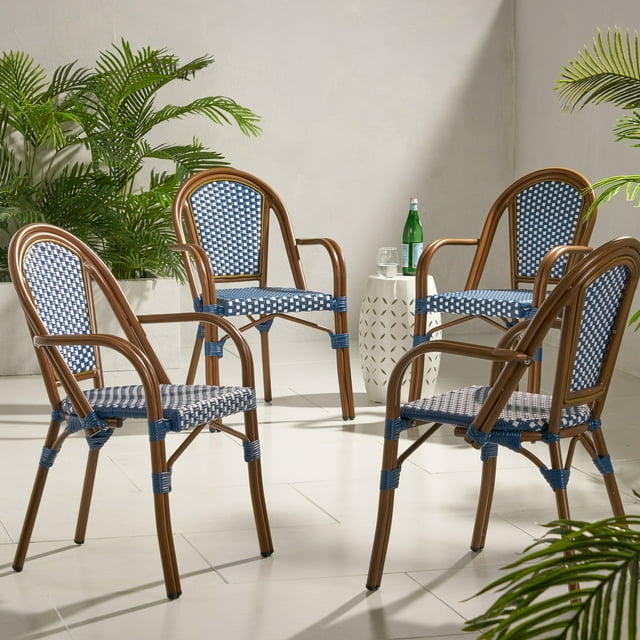 Cecil Aluminum and Wicker Outdoor French Bistro Chairs, Set of 4, Navy Blue, White, and Brown Wood
