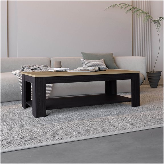 Cecil Modern Oak Coffee Table with Storage Shelf, Open Design Console Table for Living Room, Lounge Decor