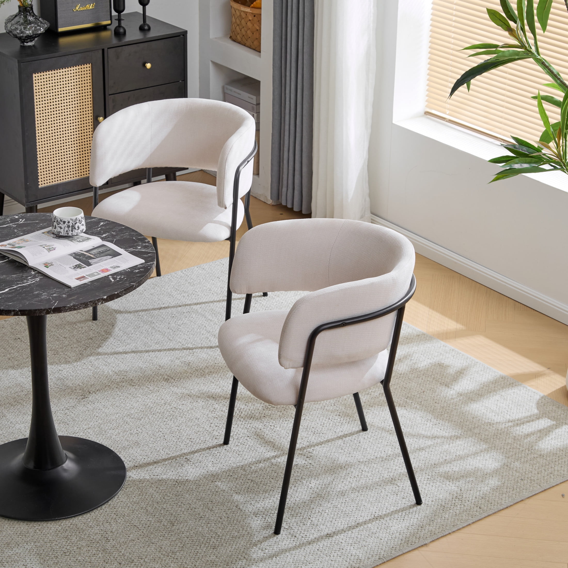 Beige and Black Upholstered Metal Arm Chair Set