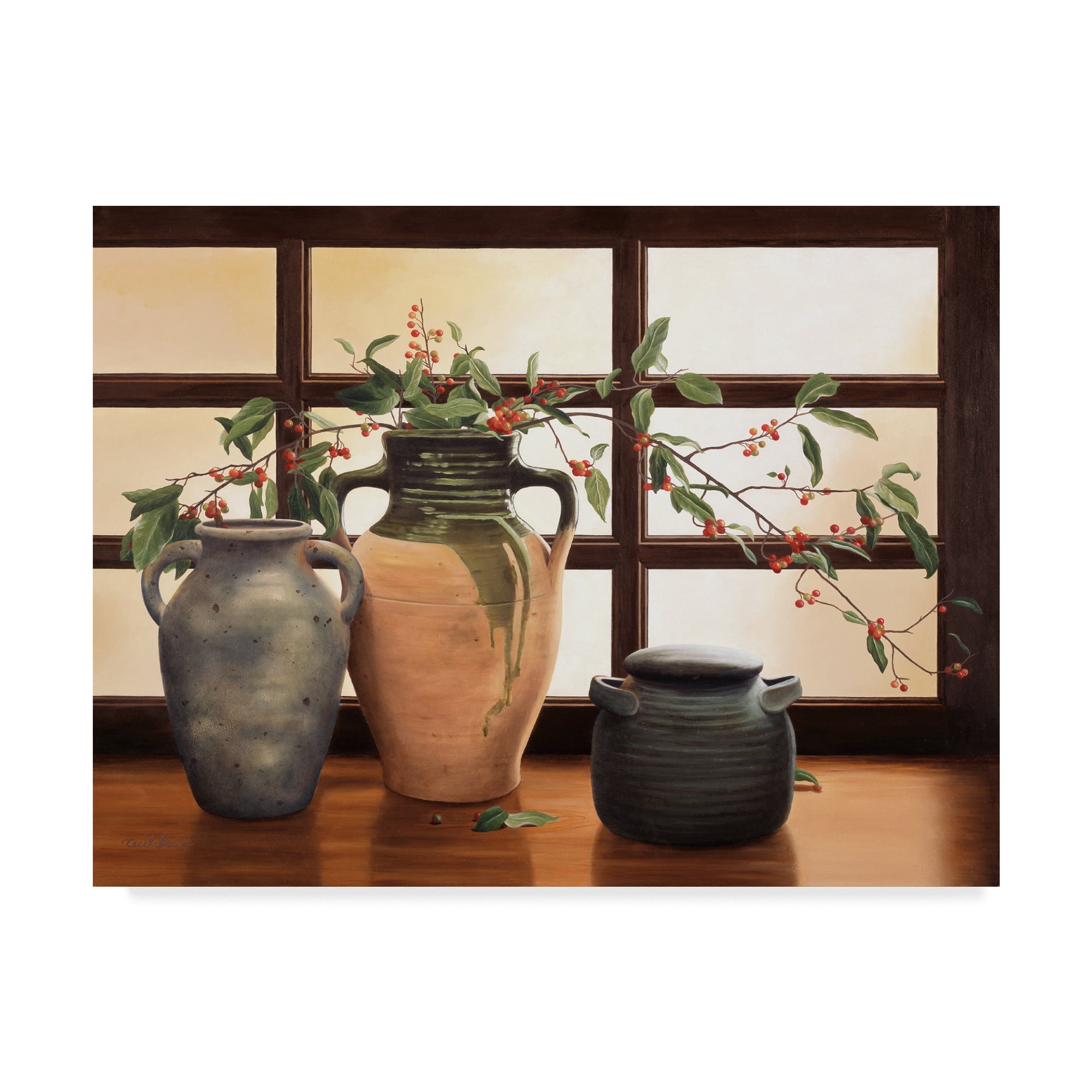 Cecile Baird 'Olive Jar With Red Berry Branches' Canvas Art