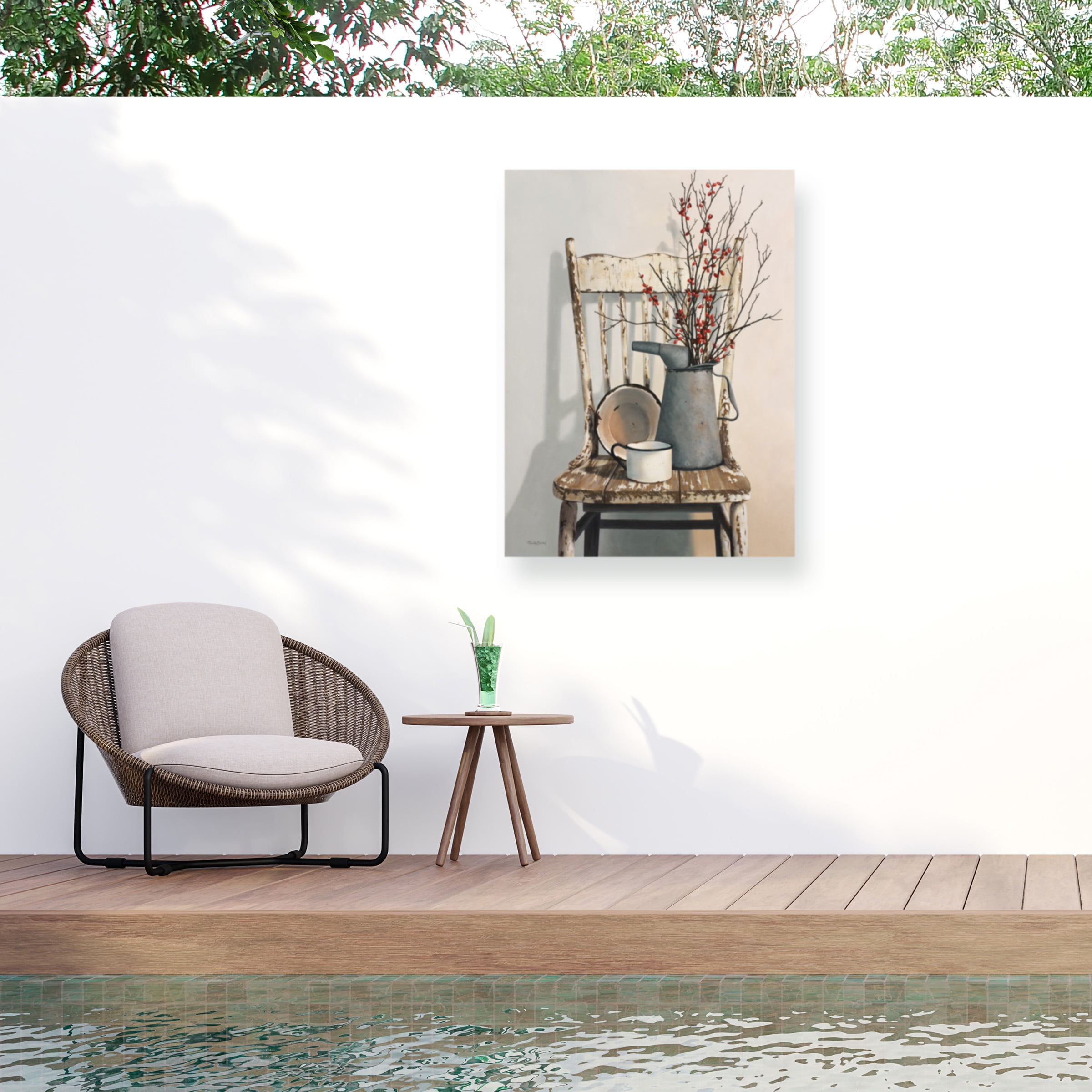 Cecile Baird 'Watering Can On Chair' Outdoor Canvas 19x14