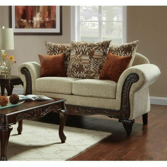 Cecilia Ornate Carved Wood Loveseat Sofa, Beige