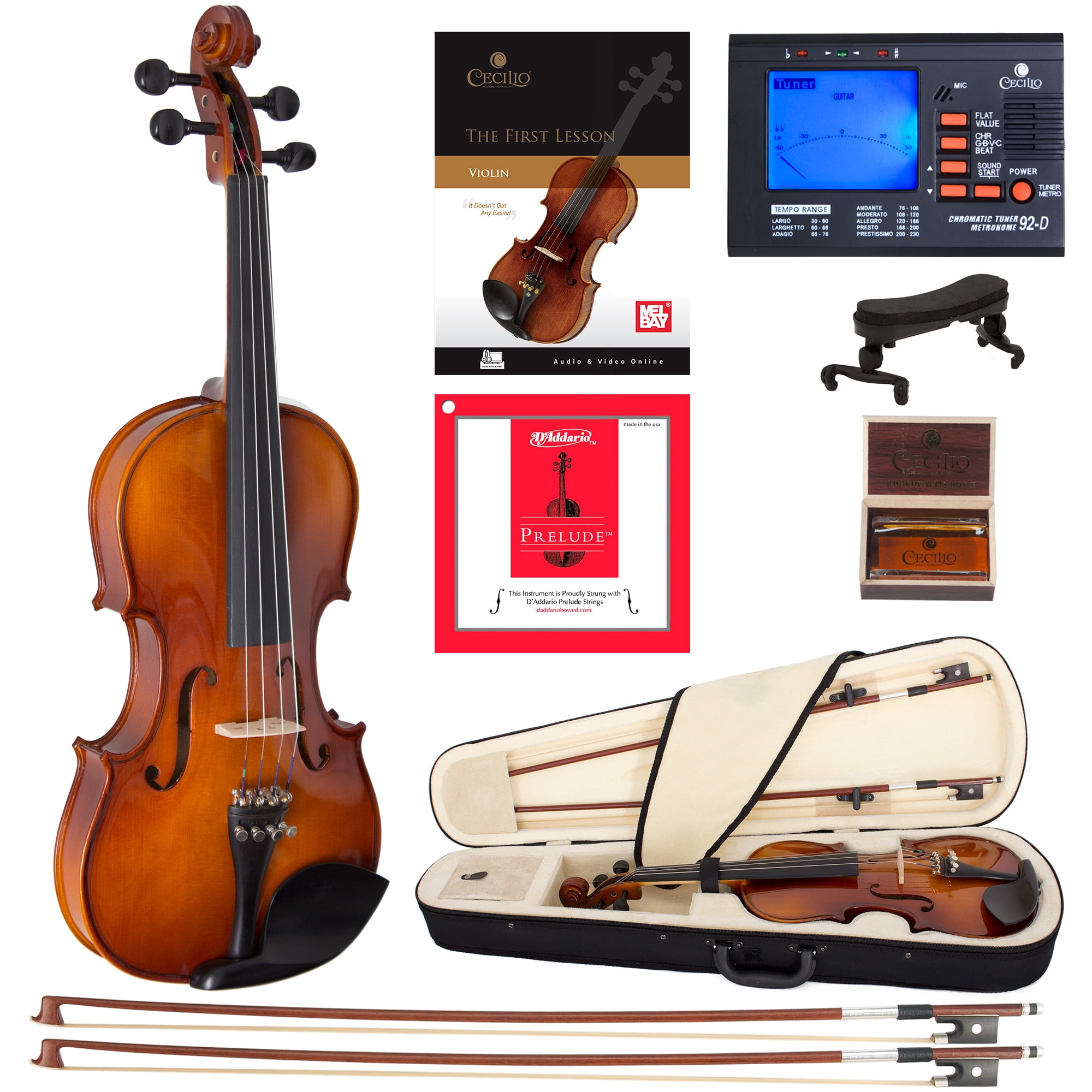 Cecilio Left-Handed Full Size 4/4 CVN-320L Ebony Fitted Solid Wood Violin D'Addario Prelude Strings, Lesson Book, Shoulder Rest and More