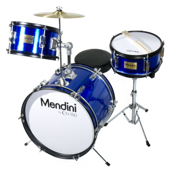 Cecilio Mendini MJDS-3-BL 16" Teen 3-Piece Kids Junior Drum Set with Adjustable Throne, Cymbal, Pedal and Drumsticks, Metallic Blue
