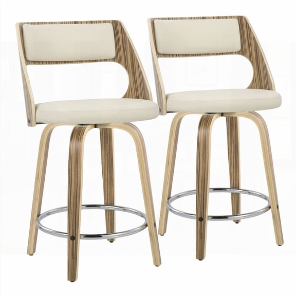 Cecina 2-Piece Mid-Century Modern Stools - Zebra Wood & Cream Faux Leather with 360 Swivel & Round Chrome Footrest