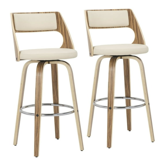 Cecina 30'' Mid-Century Modern Fixed Height Barstool With Swivel In Zebra And Cream Faux Leather - Set Of 2