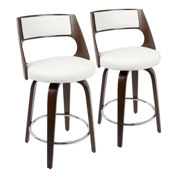 Cecina Mid-Century Modern Counter Stool With Swivel In Mahogany And White Faux Leather - Set Of 2