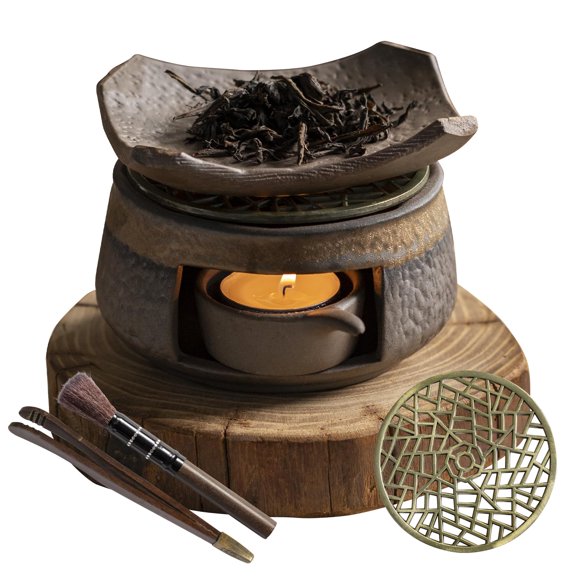 Cedar Aromatherapy Burner & Ceramic Oil Warmer for Home & Office (Heat-Resistant Double-Handled Baking Tray + Stone-Patterned Oven + Old elm Wood mat + Accessories)