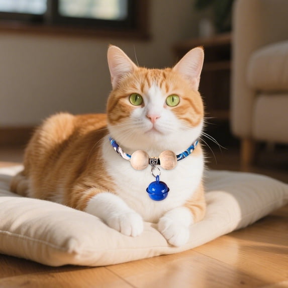Cedar Bead Pet Collar for Cats Dogs Adjustable Fabric Collar with Bell Durable Chew Proof for Indoor Outdoor Use 13.8 Inch