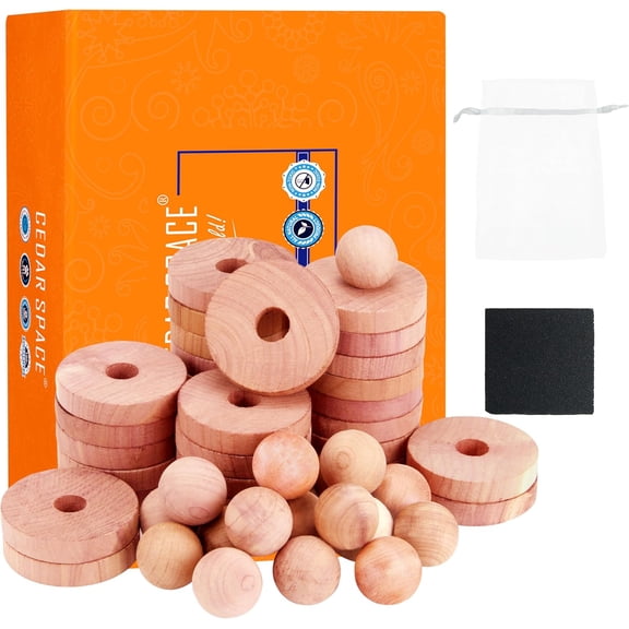 Cedar Blocks for Clothes Storage 100% Aromatic Red Cedar Balls & Rings Dresser Drawer Freshener Odor Eliminator 30 Rings & Bonus 10 Balls Total 40 Pieces
