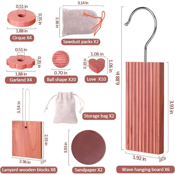 Cedar Blocks for Clothes Storage 56 Pcs, Cedar Planks with Metal Hooks, Cedar Rings and Balls, Cedar Scented Sachets, for Closets, Drawers, Bookshelves and Shoes Protection