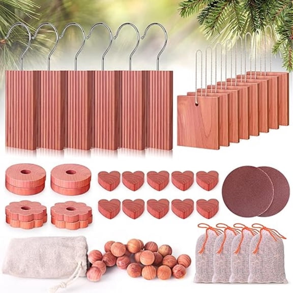 Cedar Blocks for Clothes Storage 56 Pcs, Cedar Planks with Metal Hooks, Cedar Rings and Balls, Cedar Scented Sachets, for Closets, Drawers, Bookshelves and Shoes Protection