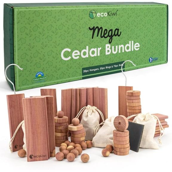 Cedar Blocks for Clothes Storage Mega Bundle Box - Cedar Hangers x20, Balls x75 & Rings x55-100% Natural Oil Planks & Chips for Closets & Drawers - Aromatic Red Cedar Wood with Sandpaper