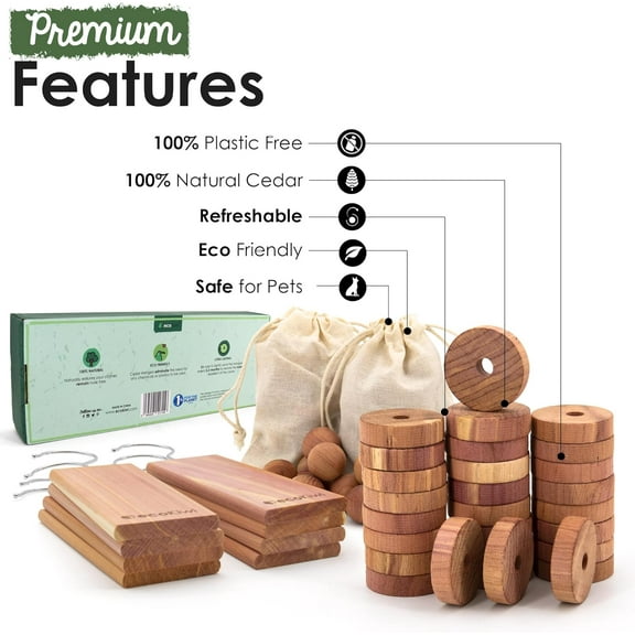 Cedar Blocks for Clothes Storage Mega Bundle Box - Cedar Hangers x20, Balls x75 & Rings x55- Natural Oil Planks & Chips for Closets & Drawers - Aromatic Red Cedar Wood with Sandpaper