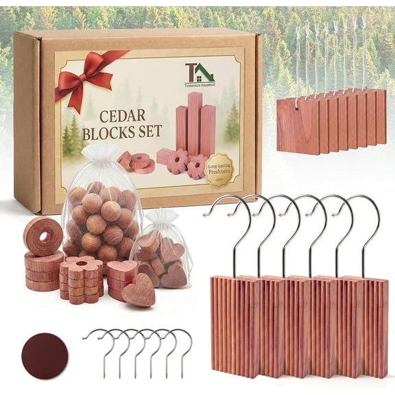 Cedar Blocks for Clothes Storage, Natural Cedar Wood Sachets, Balls & Rings for Closets and Drawers, 100% Natural & Fresh Scented Wardrobe Organizer, 55 Pack