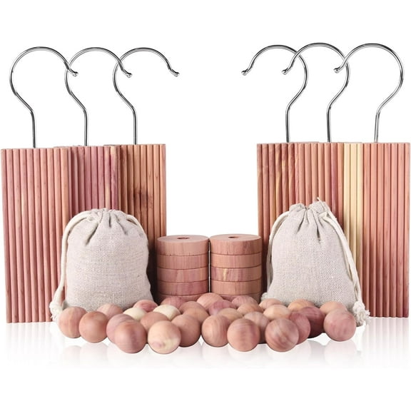 Cedar Blocks for Clothes Storage 50PCs, Hangers 6pc, Balls 30pc, Rings 12pc and Sachet Bags 2pc for Closets and Drawers