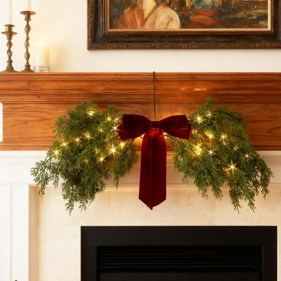 Cedar Branch Wreath with Red Bow Accents, Battery-Operated Christmas Door Decoration for Indoor Wall Display with Warm White Lights,LED Cedar Wood Lighting