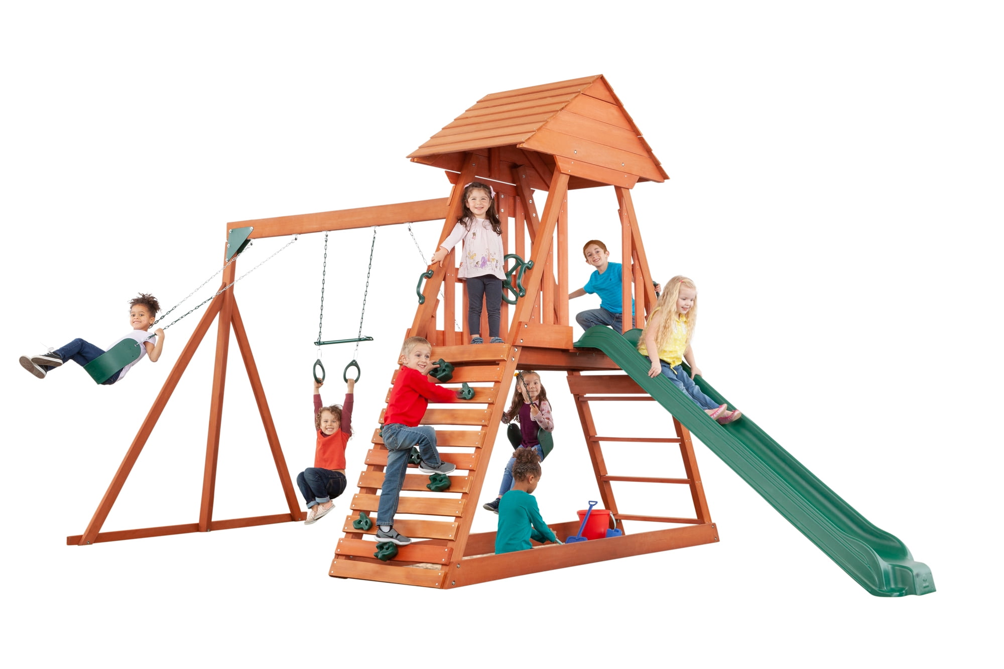 Cedar Chalet Wooden Playset with Slide, Swings, and Fort