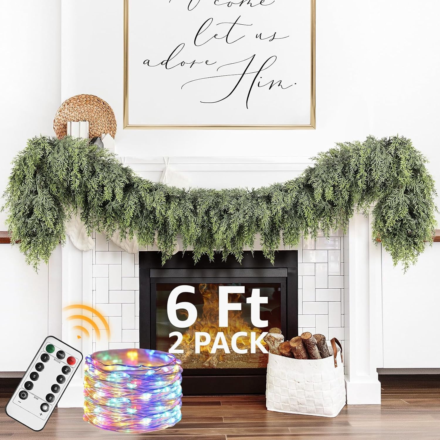 Cedar Christmas Garland with Lights for Mantle - 2 pack Decorations 6 ...