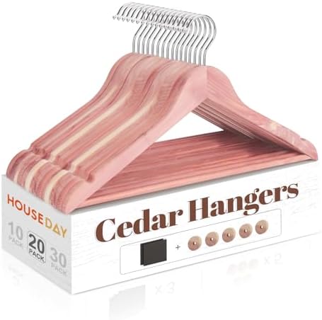 Cedar Hangers for Closet 20 Pack, Smooth Cedar Wood Hangers with Rings, 360° Swivel Hook, U-Shape Notched, Non Slip Pant Bar, Sturdy Wooden Clothes Hanger for Coats, Dresses, Suits