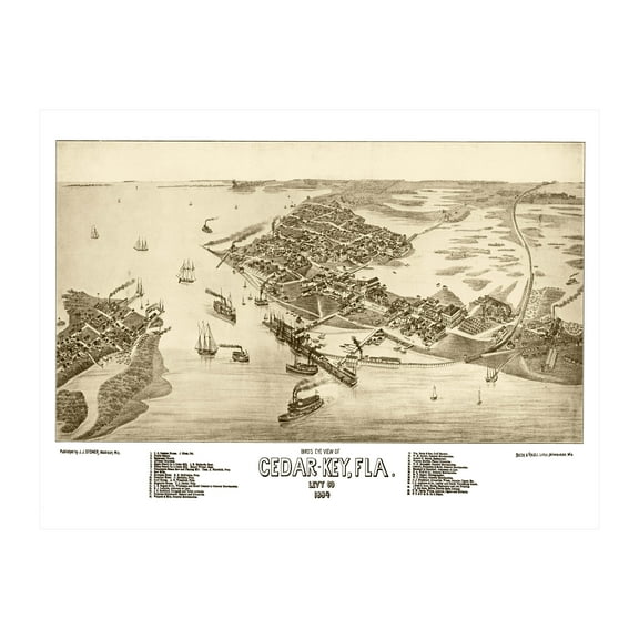 Cedar Key Art, 1884 Vintage Map of Cedar Key Florida, FL History Wall Decor Gift, Old Cedar Key Map - 36" x 24" Unframed Print