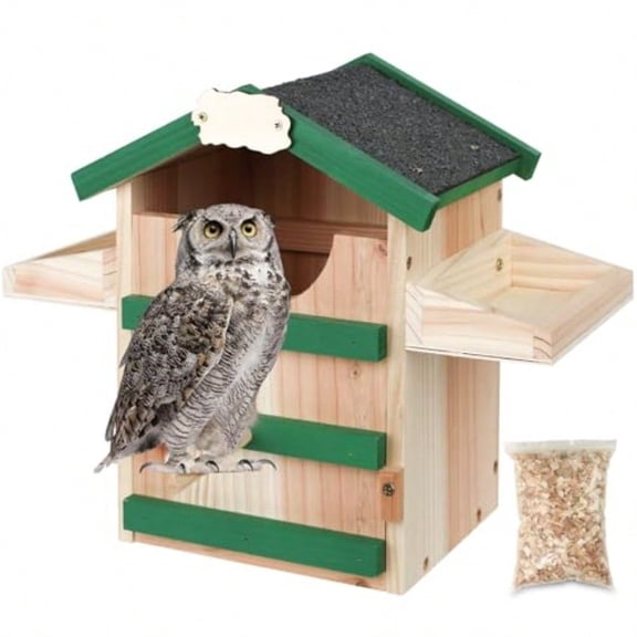 Cedar Owl House Asphalt Roof Dual Feeders Handmade Rustic Birdhouse 14x10 Inch Outdoor Nest Box With Mounting Kit Garden Wildlife Shelter