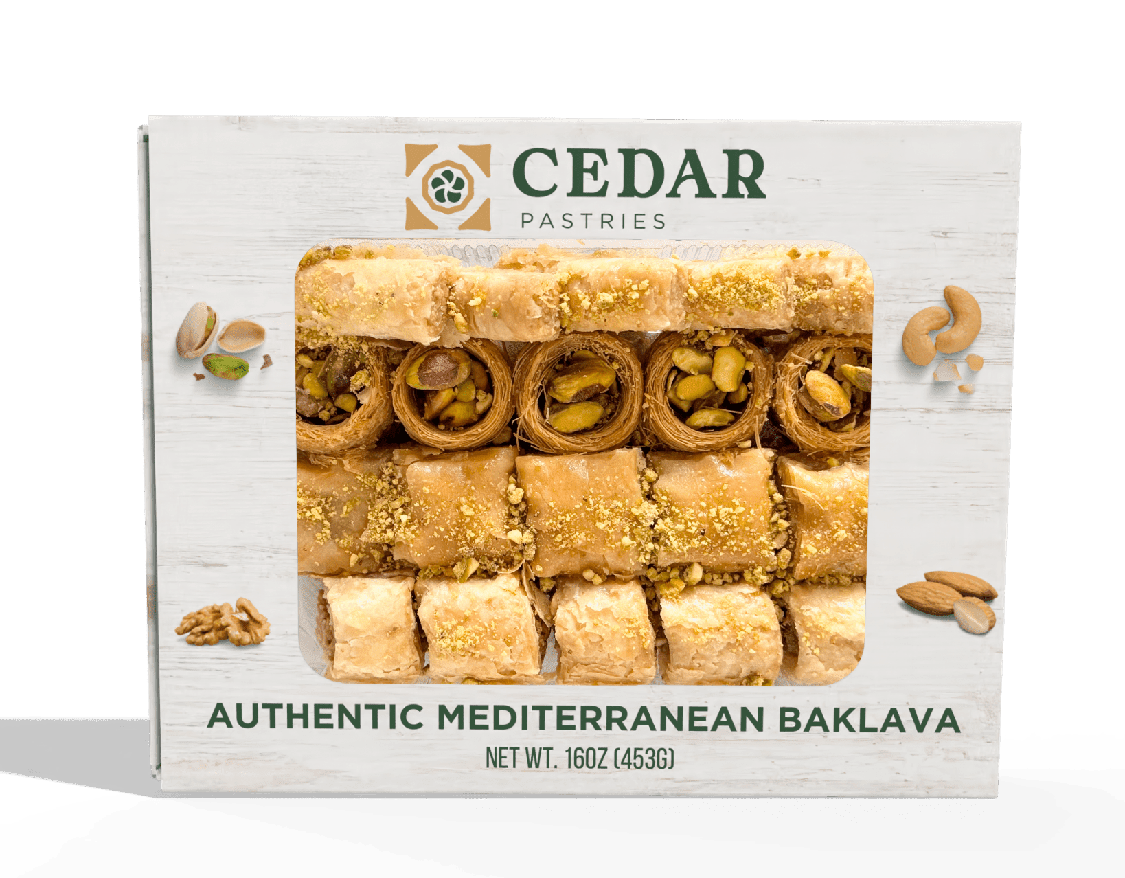 Cedar Pastries 16 oz Authentic Mediterranean Baklava Assortment Gift Box – Handmade Flaky Phyllo Pastry Dessert with Mixed Nut Filling, Oven-Baked Traditional Baklava Sweets
