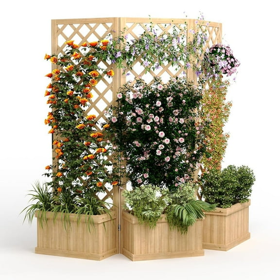 Cedar Privacy Screen with Planter Box 62"x10"x65" Garden Fence Panel, 3 Hinged Freestanding with Drain Holes, Natural Wood Room Divider for Patio, Deck, Backyard & Balcony, Raised Garden Bed Kit