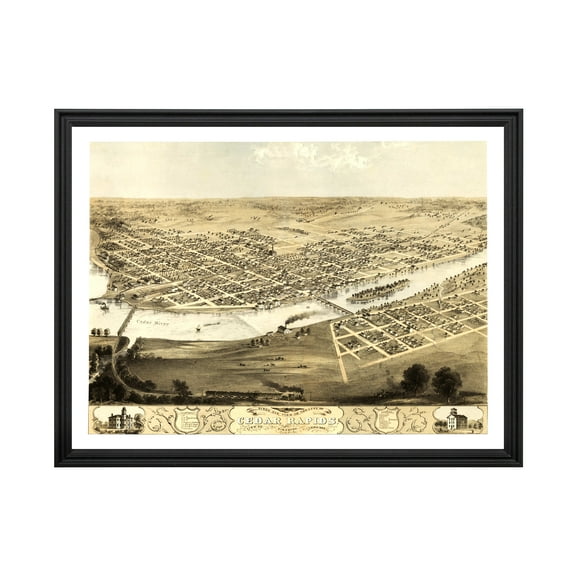 Cedar Rapids Art, 1868 Vintage Map of Cedar Rapids Iowa, IA History Wall Decor Gift, Old Cedar Rapids Map - 24" x 18" Black Framed Print