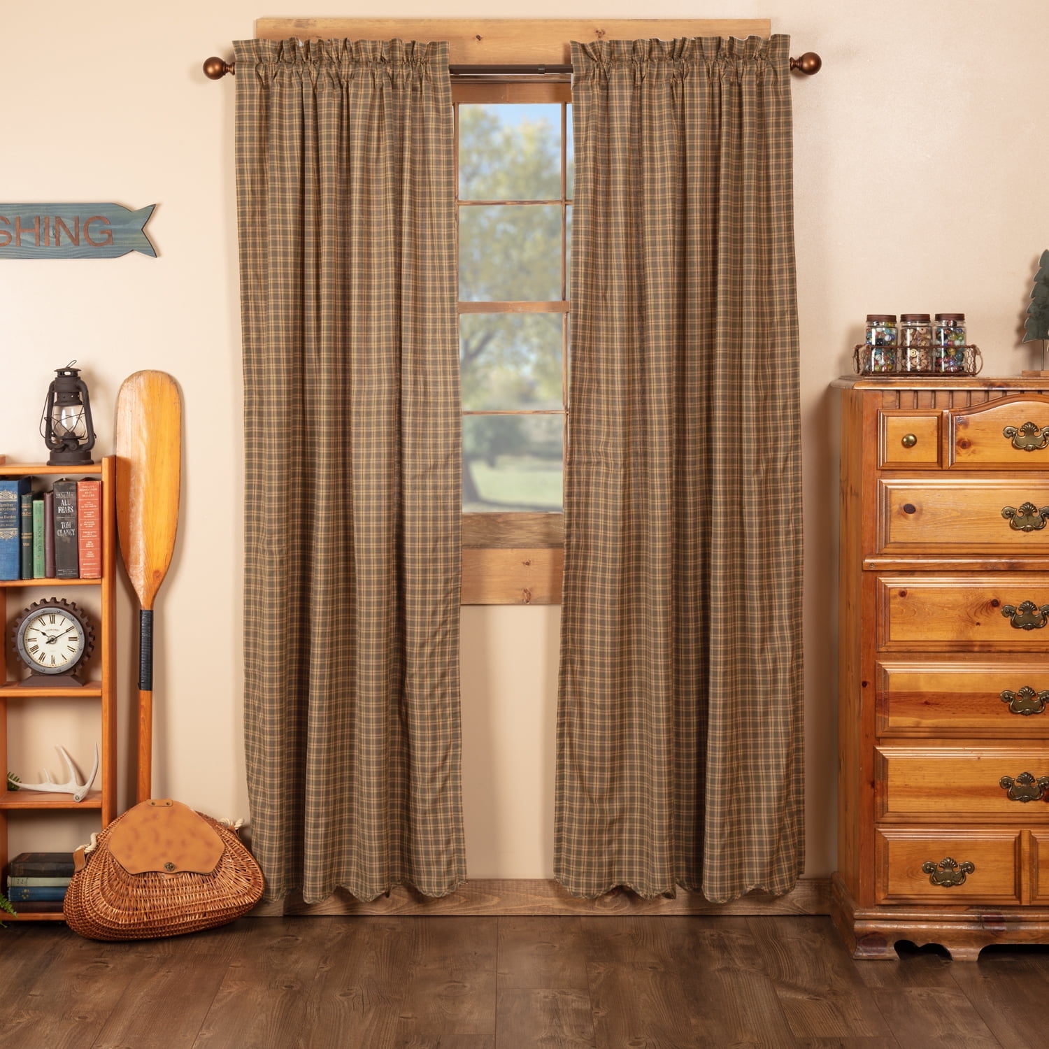 Cedar Green and Brown Cotton Scalloped Window Panels, 84x40