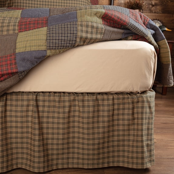 VHC Brands Ridge Plaid Cotton Rustic Split Corners Gathered Queen Bed Skirt, Cedar Green