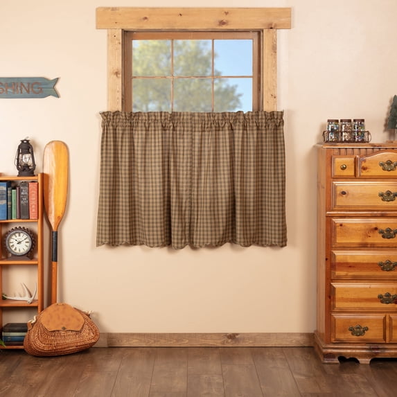 VHC Brands Ridge Plaid Cotton Rustic Kitchen Curtains Rod Pocket Hanging Loops 36x36 Tier Pair, Cedar Green