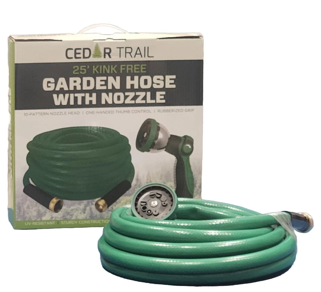 Cedar Trail Garden Hose with Nozzle 25Ft Kink-Free UV Resistant All Weather