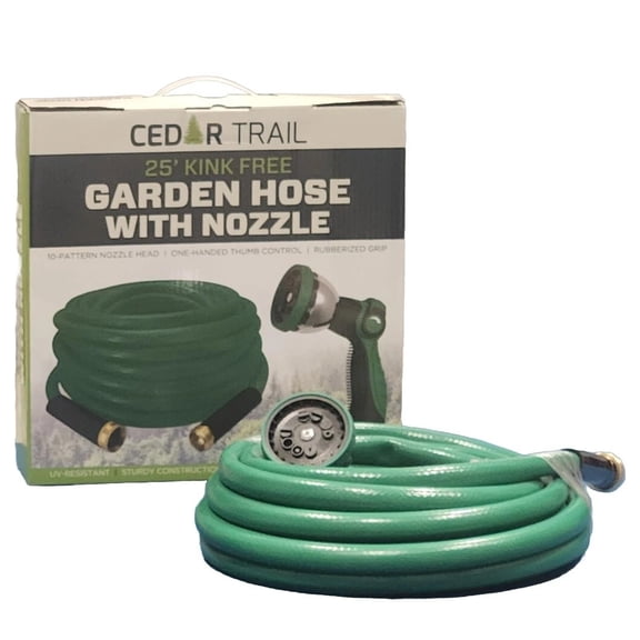 Cedar Trail Garden Hose with Nozzle 25Ft Kink-Free UV Resistant All Weather