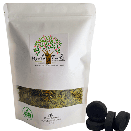 Cedar Tree Leaves with Charcoal Discs for Easy Burning, Smudging, Energy Cleansing, 100% Pure Organic & Sustainable, Natural Incense (3oz)