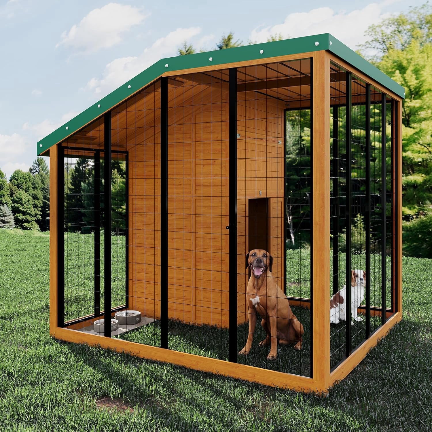 Cedar Wood Large Dog Kennel with PE Roof, Outdoor Dog House with Feeding Door, Locking Gate, Water/Food Tray, Cedar Wood Shelter for Backyard (Wood)