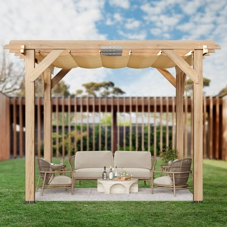 Cedar Wood Pergola with Sturdy Frame, Retractable Shade Canopy, Durable and Rot-Resistant, Patio Pergola for Backyard, Deck, Garden, and Outdoor Entertaining