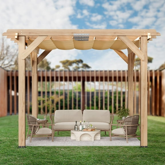 Cedar Wood Pergola with Sturdy Frame, Retractable Shade Canopy, Durable and Rot-Resistant, Patio Pergola for Backyard, Deck, Garden, and Outdoor Entertaining