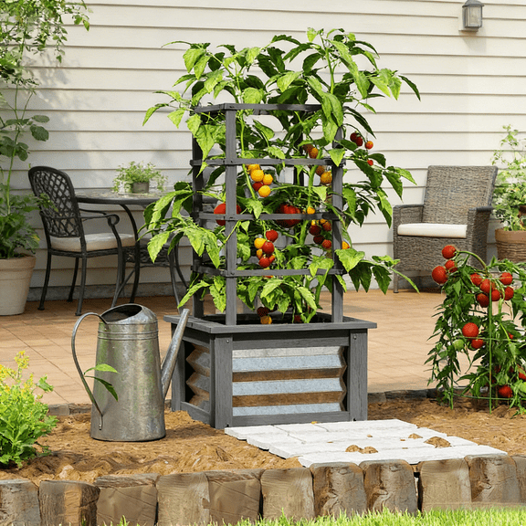 Cedar Wood Raised Garden Bed with Adjustable Trellis, 35.4 Tall Planter Box for Climbing Roses, Vegetables & Pollinators, Compact Vertical Gardening for Patio, Balcony, Deck