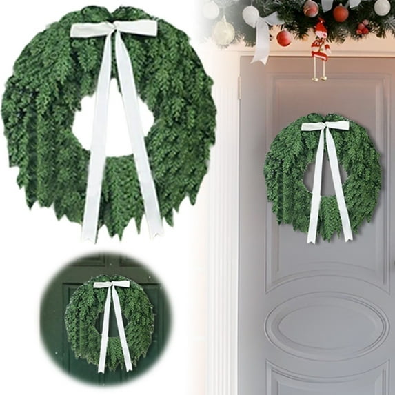 Cedar Wreath Natural Green 500 Tips White Ribbon Trim Lifelike Shape for Hanging Doors Windows Mantel Holiday Decor