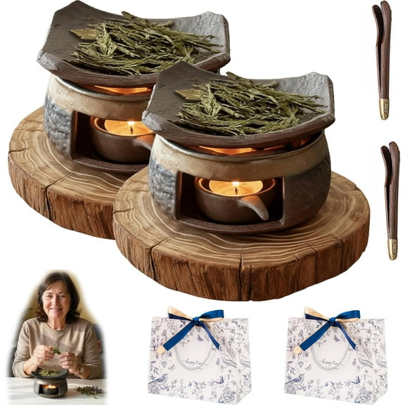 Cedar and Zen Burner, Handmade Ceramic Aromatherapy Stove Essential Oil Burner with Tealight Holder, Zen Palo Santo Diffuser for Home Fragrance, Meditation, Relaxation & Bedroom Decor (2PCS)