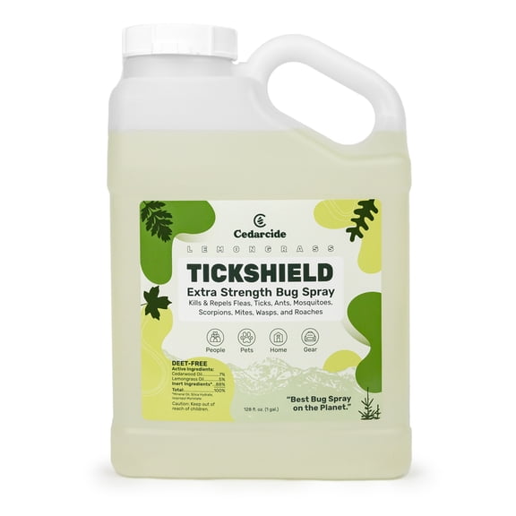 Cedarcide Tickshield Extra Strength with Lemongrass (Gallon) Cedar Oil Biting Insect Spray Kills and Repels Fleas, Ticks, Ants, Mites and Mosquitoes Deep Woods Repellent